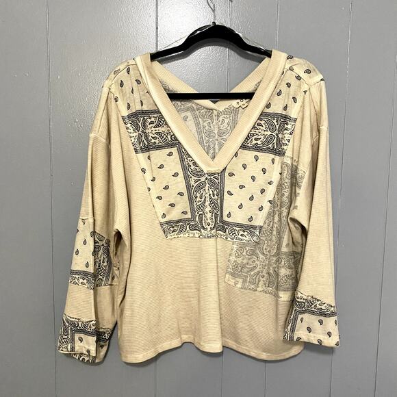 POL Cream Patchwork Bandana V-neck Oversized Multi Media Boho Western Top S - Picture 1 of 6